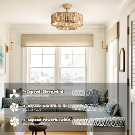 hummingbird Ceiling Fan with Light and Remote, 20'' Fandelier Ceiling Fan with Light, Boho Caged Ceiling Fan with Light Flush Mount for Bedroom, Living Room, Dining Room