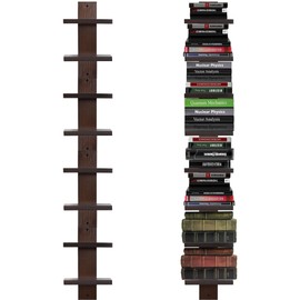 PHOENANCEE Vertical Floating Bookshelf,2 Tier Spine Shelves for Wall,Invisible Bookshelves,Book Tower Stand Organizers Mounted for Home Living Room Office Decor,Preassembled,4 Pack（Walnut）