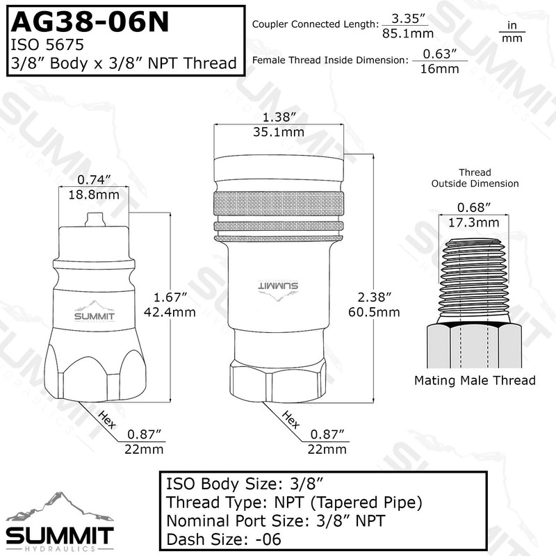 3/8” Agricultural ISO 5675 Hydraulic Quick Connect Female Coupler, 3/8”