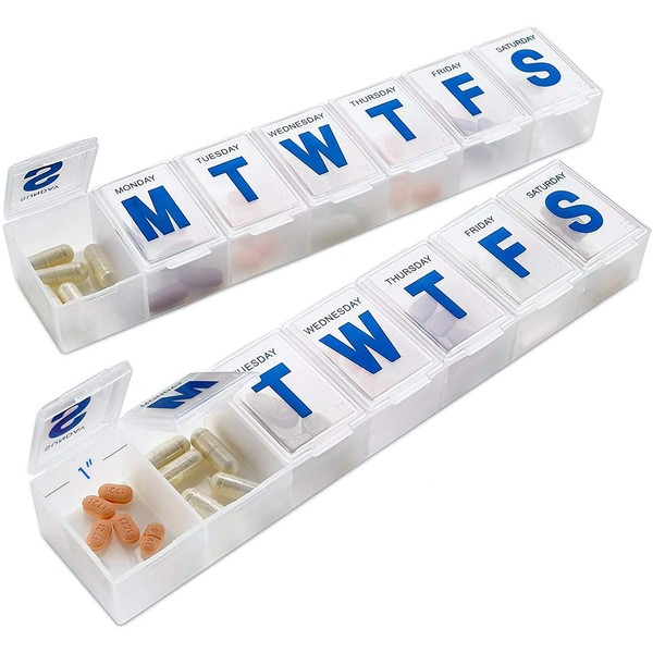 Weekly Pill Organizer - (Pack of 2) Extra Large Vitamin Container with Jumbo Easy to Read Letters, BPA Free - Daily Travel 7 Day Medication Pill Box Case