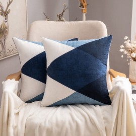 MIULEE Geometric Cushion Covers Decorative Square Soft Suedette Throw Pillow Case Print Pillowcases for Sofa Couch Livingroom Bed with Invisible Zipper 40x40 cm 16x16 Inches 2 Pieces Blue
