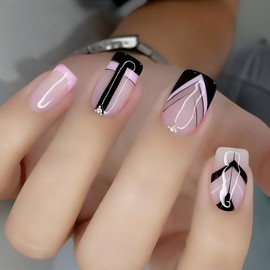 CEWEWP Black Geometric French Tip Press on Nails with Glue,Glossy Medium Square Fake Nails,Stylish Y2k False Nails with Design,Pink Pure Desire ABS Resin Acrylic Stick on Nails for Women Girls 24Pcs