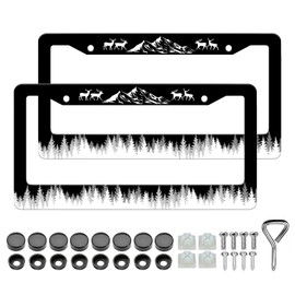 HCSS 2PCS Mountain Forest Camping License Plate Frames, Deer Aniaml Aluminum Metal License Plate Holder Covers, Rust-Proof Waterproof Car Decorative Tag Frames for Standard US 12x6 Inch