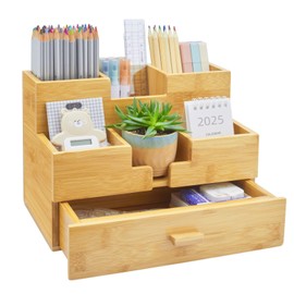 Charmlife Bamboo Desk Organizer - Makeup & Pen Storage with Drawer & Pencil Holder for Office Organization