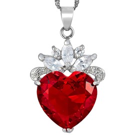 RIZILIA Ocean Heart Pendant with 45cm(18") Chain & Heart Cut Gemstones CZ [Red Ruby] in 18K White Gold Plated, Simple Modern Elegance
