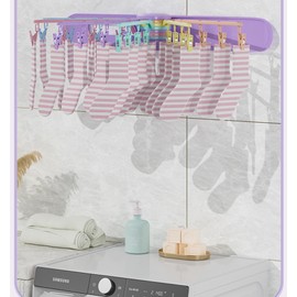 Perchero de ropa montado en la pared, calcetines, guantes, toallas, estante de secado que ahorra espacio, plegable con 24 clips para lavandería, balcón, vestíbulo, recámara (rotación multicolor)