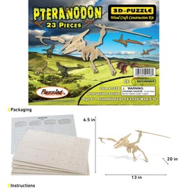Puzzled Pteranodon 3D Woodcraft Jigsaw Construction Puzzle Kit - Wooden Flying Dinosaur Skeleton Model 23 Pieces Precut Woods - Awesome Brain Teasing Activity For Kids And Adults - Item 1028-80