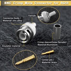 LEONTOOL BNC Male Connector Crimp Type RG58 Low Loss Cable DIY 12pcs RG58 Crimp Male Connector Male Plug Crimp Connector for RG58 Coaxial Cable BNC Crimp Connector Crimp Adapter for BNC Cable Making