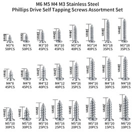 815 Pieces M3 M4 M5 Self-Tapping Wood Screws Assortment Set, Stainless Steel Phillips Drilling Screws, Flat Head and Self-Drilling Screws for Sheet Metal (405 x Round Head, 410 x Flat Head) (Silver)