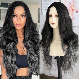 EVLYNN Long Black Lace Front Wigs for White Women Black and White Highlight Glueless Body Wave Natural Curly Wig Heat Resistant Synthetic Loose Water Wave Wig for Cosplay Use 24Inch