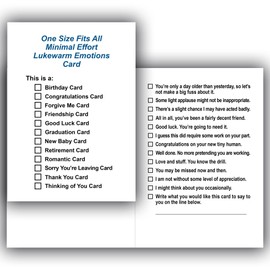 One Size Fits All Minimal Effort Lukewarm Emotions Funny All Occasion Card | Funny Birthday Card | Funny Retirement Card | Funny Thank You Card | 5 x 7 Inches Folded