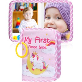 Pink Unicorn Baby Photo Album – My First Soft Cloth Family Photo Book with Baby-Safe Mirror & Name Tag Stickers, Holds 17 4x6 Photos for Newborn Toddler Girl