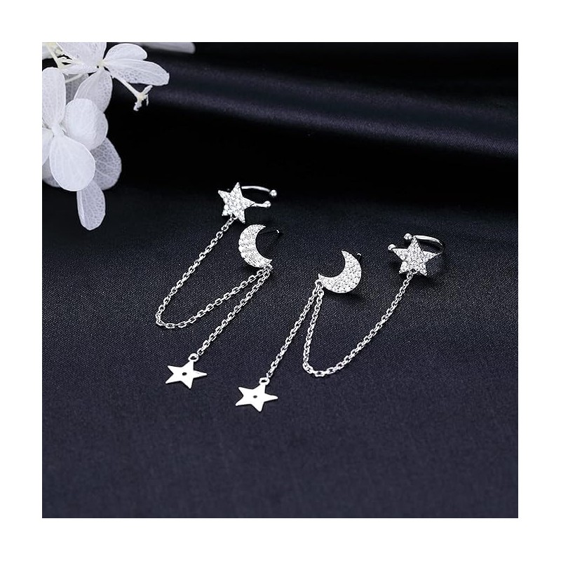 925 Sterling Silver Cuff Earrings Chain for Women Asymmetric Star