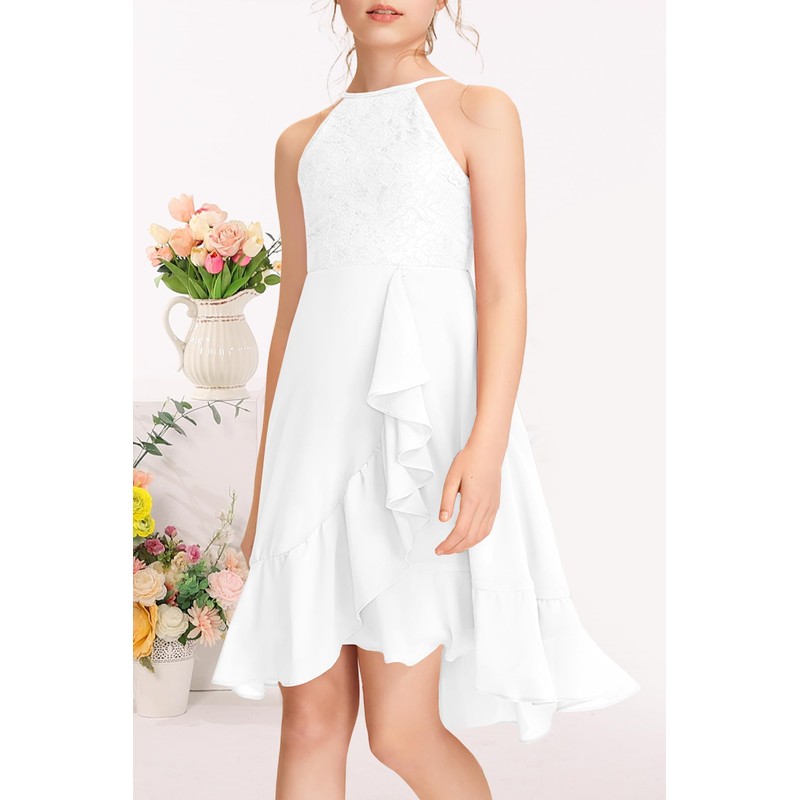 MITILLY Girls Lace Flower Ruffle Dress Chiffon Halter A Line