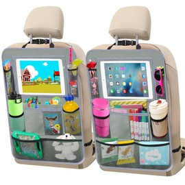 Zecirl Car Backseat Organizer ，2 Pack Car Organizer Back Seat with 11" Tablet Holder, 10 Storage Pockets Seat Back Protectors Kick Mats for Kids Toddlers, Travel Accessories (Grey)