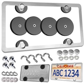 Magnetic License Plate Holder - 4 Pack Heavy Duty Neodymium Magnets with Rubber Coating, Stainless Steel Frame for No Drill Temporary Tags on Metal Car Bumpers