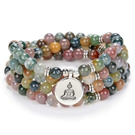 oasymala Zen Buddha Charm Necklace Mala Prayer Stone Beads 108 Bracelet with Yoga Lucky Charm for Meditation (Indian Agate)