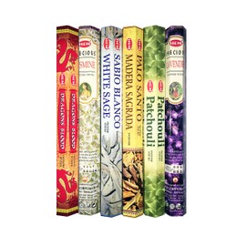 Set of 6 Hexa (Tubes) Most Popular HEM Premium Incense sticks (Agarbatti). Dragon Blood Red, Precious Jasmine, White Sage, Palo Santo, Patchouli, and Precious Lavender. 20 Sticks each Hexa (Tube), 6 Tubes each Box. Total of 120 Sticks.