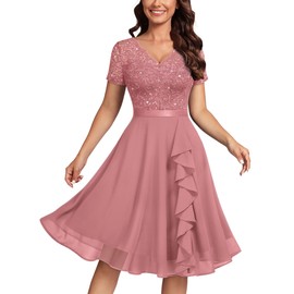 MISSMAY Women's Elegant Style Sequin Lace A-Line Cocktail Party Dress (Small, Cinnamon Pink)