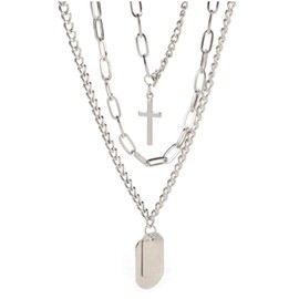 Left Girl Punk Silver Chains Cross Necklace Couple Fashion Street Hip Hop Geometric Metal Pendant Necklaces for Ms, Cross Geometric