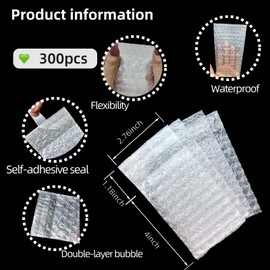 300 Pcs Clear Self Sealing Bubble Small Pouch Bag Cushion Wrap Bags with Double Wall Thickening Shockproof for Jewelry Packaging & Small Business (3 x 4inch)