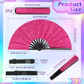 Anglekai 13’’ Glitter Large Rave Folding Clack Hand Fan, 1P/ 2P Shiny Line Dancing Hand Popping Fan with 2 Waist Belt/Sleeves for Dance Decoration (1, Pink)