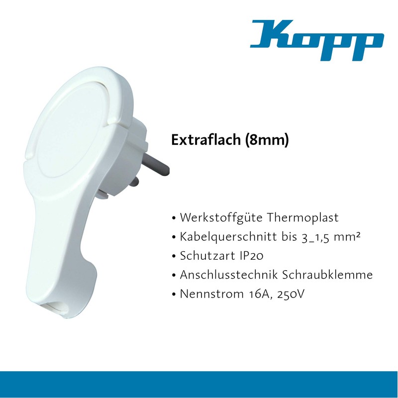 Kopp 172002037 Plastic Earthing Contact Angle Euro Plug, Extra-Flat, White,
