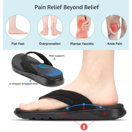 STQ Orthopedic Flip Flops for Women with Arch Support - Plantar Fasciitis Flip Flops - Memory Foam - All Black Size 10