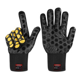 J H Heat Resistant Oven Glove:EN407 Certified 932 °F, 2 Layers Silicone Coating, Oven Mitts for Cooking, Kitchen, Fireplace,Camping, Grilling (Black/Yellow, Regular Cuff)