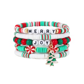 Christmas Bracelets For Women Beaded Stackable Holiday Gifts New Year Red White And Green Atmosphere Blessing Snowflake Pine Tree Accessories Stretch Friendship Bracelets Jewelry Sets