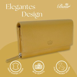Baur Women's Genuine Leather Wallet with RFID Protection, Large Wallet, Many Card Slots, Wallet with Press Stud Closure, Women's Purses, Mustard yellow, Classic