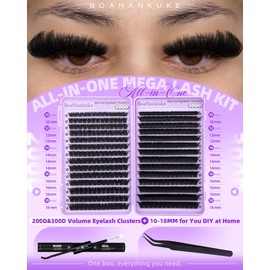 Lash Clusters Kit Thick Eyelash Clusters Kit 200D/300D Volume Individual Lashes 10-18MM D Curl Eyelash Extension Kit Dramatic Wispy Cluster Eyelash Extensions with Lash Bond&Seal