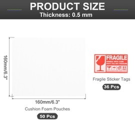 MECCANIXITY Foam Packing Pouches, 50pcs 6.3x6.3 Inch Wrap Bubble Pouches Cushion Foam Packing Supplies White with 36 Fragile Tags for Dishes Furniture Glasses Cups Moving Storage