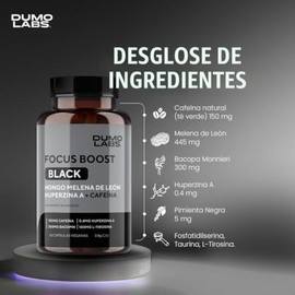 Dumo Focus Boost Black | Nootrópico Natural con Melena de León, Bacopa, Cafeína y Huperzina A | Energía Mental, Enfoque y Rendimiento Diario | 60 Cáps