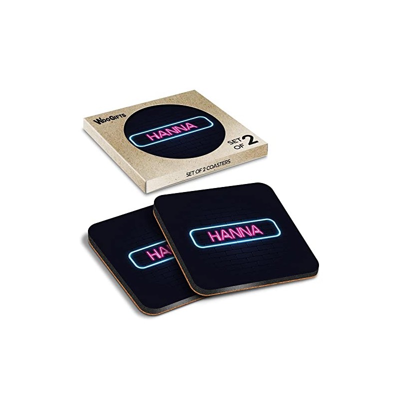 2 x Square Coasters - Neon Sign Design Hanna Name