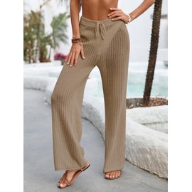 BreathSunny Womens Crochet Knit Elastic Waist Beach Coverup Summer 2025 Trendy Tie Drawstring Bathing Suit Cover Up Pants, Khaki, Large
