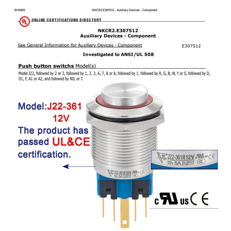 (2 Pcs) UL Certification 22mm Push Button Switch Latching 12V