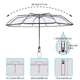 TopTie Clear Umbrella Compact 10 Ribs for Windproof Auto Open Transparent Umbrella for Rain Large DIA 46 Inches