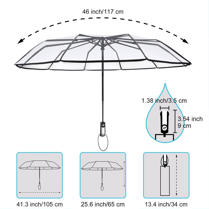 TopTie Clear Umbrella Compact 10 Ribs for Windproof Auto Open