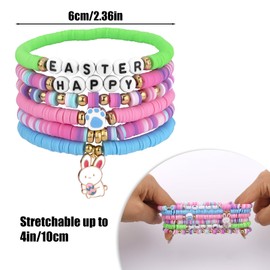 BOXOB 6pcs Easter Bracelets for Women, 6 Style Colourful Easter Clay Bead Bracelets Elastic Easter Friendship Bracelets Heishi Surfer Bracelets for Holiday Gift