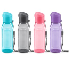 Bulk Water Bottles Set of 4 – 10oz Multicolor Water Bottles for Kids and Adults – Leak Proof Water Bottles with Carry Strap – Square Reusable Water Bottles for Juice, Drinks – BPA-Free Dishwasher-Safe
