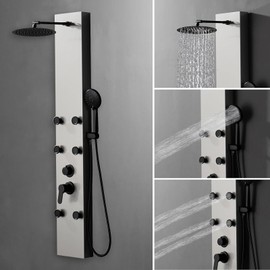 BWE Shower Panel Tower System Brushed Nickel Stainless Steel 3-Function Faucet Rainfall Shower Head, Handheld Sprayer, Massage Body Jets