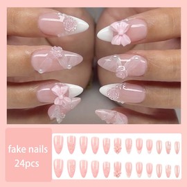 24Pcs French Tip Press on Nails Medium Almond Bow 3d Flower Fake Nails With Pearl Pink Glue on Nails Full Cover Acrylic Nails for Women Nail Decoration Supplies