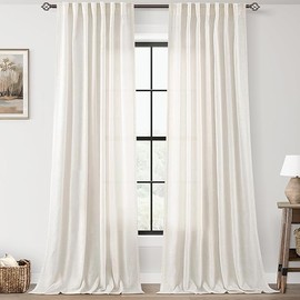 Cream Natural Linen Curtains 84 inch Length 2 Panels Set Neutral Rustic Farmhouse Living Room Drapes Back Tab Pleated Look Light Filtering Privacy Semi Sheer Curtains 84 inches Long Ivory Colored