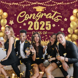 Class of 2025 Banner Congrats Graduation Decorations - Large Maroon and Gold Graduation Backdrop, Congratulations Banner Dark Red Burgundy Grad Party Decorations Class of 2025-72x44 Inch