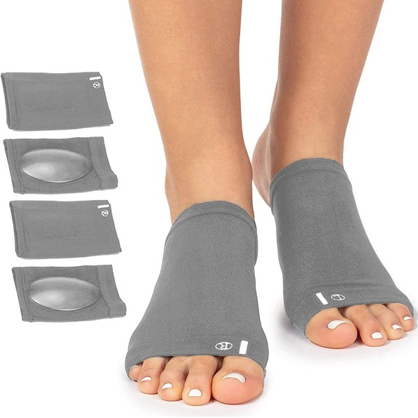 Arch Support Brace for Flat Feet with Gel Pad Inside - 2 Pairs - Plantar Fasciitis Support Brace - Compression Arch Sleeves for Women, Men - Foot Pain Relief for Planter Fasciitis, Arch Pain (Gray)