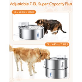 Dog Water Fountain for Large Dog, 7-13L/1.8-3.4Gal Stainless Steel Pet Water Fountain, Automatic Filtered Dog Water Bowl Dispenser with Filter, Quiet Pump, BPA Free, for Cats & Dogs Muti-pet Home