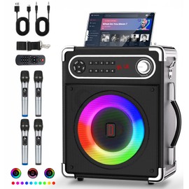 Karaoke Machine with 4 Wireless Microphones, Portable Bluetooth 5.1 Speaker for Adults Kids with LED Lights, Bass/Treble Adjustment, PA System with Remote Control, Supports FM/AUX/USB/TF for Party