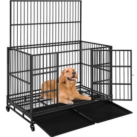 Yaheetech 48'' Dog Crate Extra Large Pet Crate XXL Indestructible Dog Crate W/2 Doors/Lockable Wheels/Removeable Trays for Indoor/Outdoor
