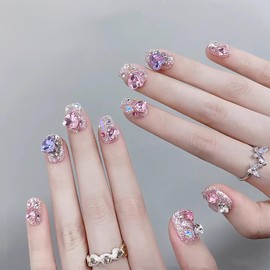 Press on Nails Coffin Short 24Pcs Acrylic Glitter False Nails with Pink and Purple Heart Rhinestone Designs Glossy Full Cover Reusable Artificial Square Fake Nails Sets with Glue for Women Girls